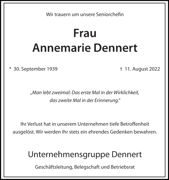 Anzeige von Annemarie Dennert von MGO