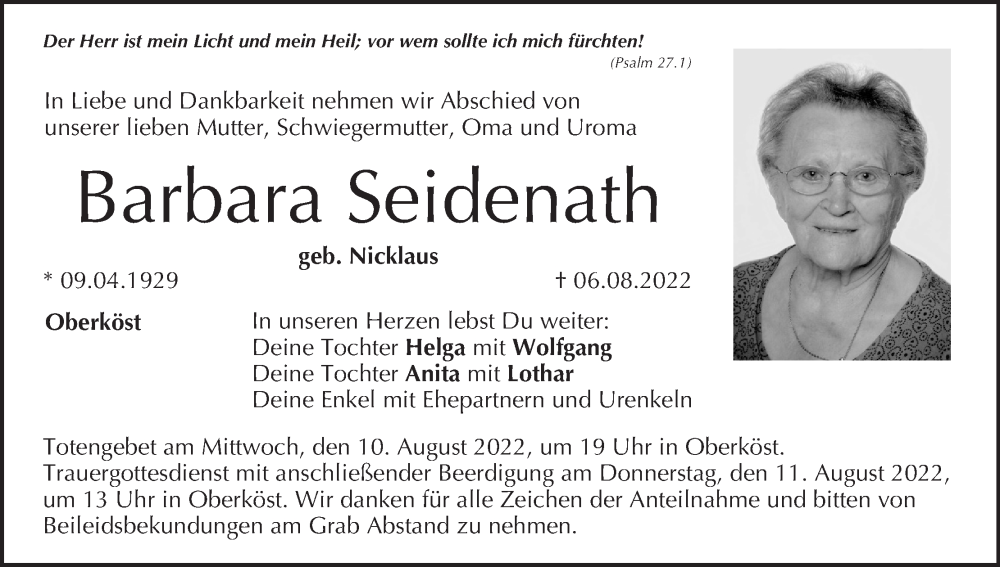 Traueranzeige für Barbara Seidenath vom 09.08.2022 aus MGO