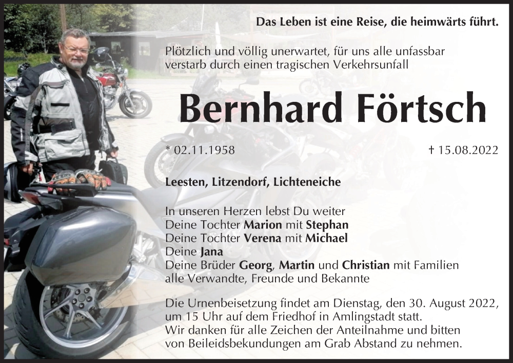  Traueranzeige für Bernhard Förtsch vom 27.08.2022 aus MGO