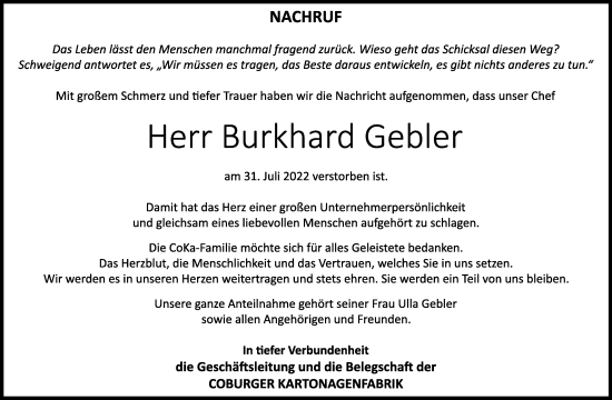 Anzeige von Burkhard Gebler von MGO