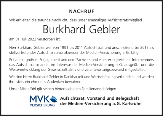 Anzeige von Burkhard Gebler von MGO