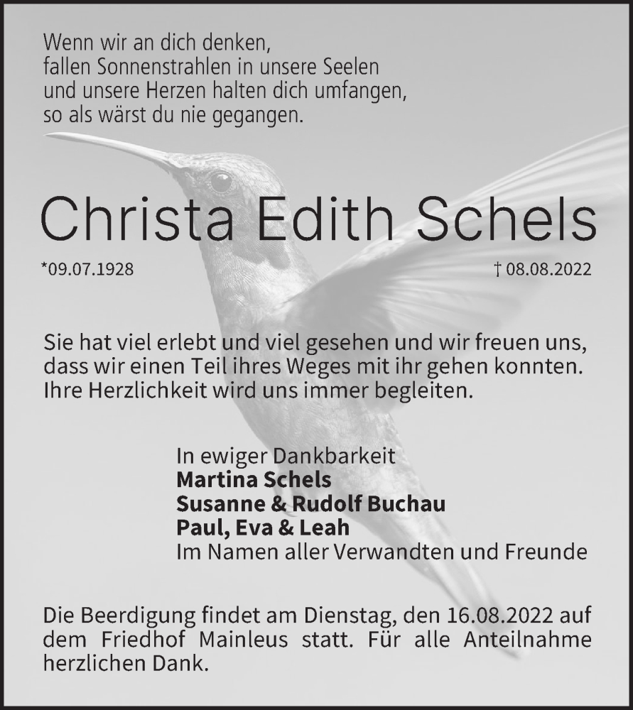  Traueranzeige für Christa Edith Schels vom 13.08.2022 aus MGO