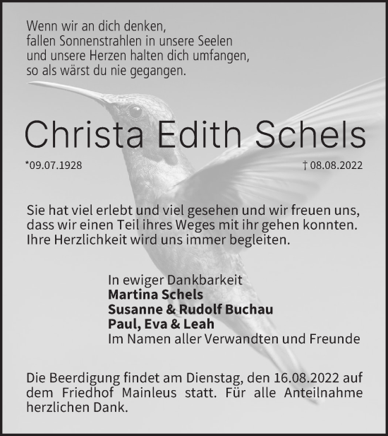 Anzeige von Christa Edith Schels von MGO