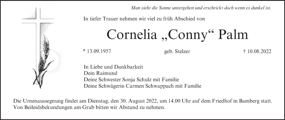  Traueranzeige für Cornelia Palm vom 27.08.2022 aus MGO
