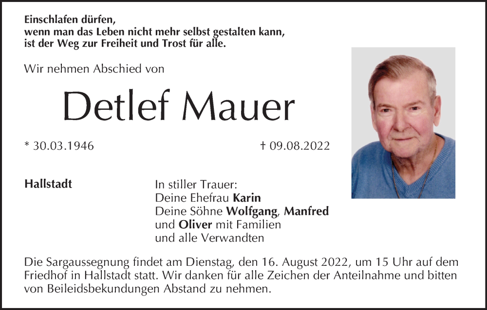  Traueranzeige für Detlef Mauer vom 13.08.2022 aus MGO
