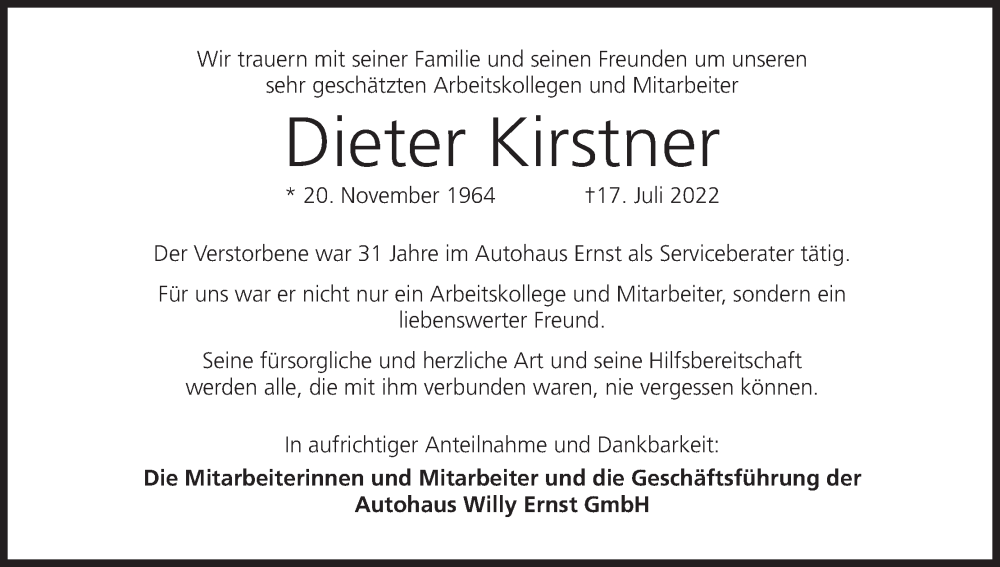  Traueranzeige für Dieter Kirstner vom 02.08.2022 aus MGO