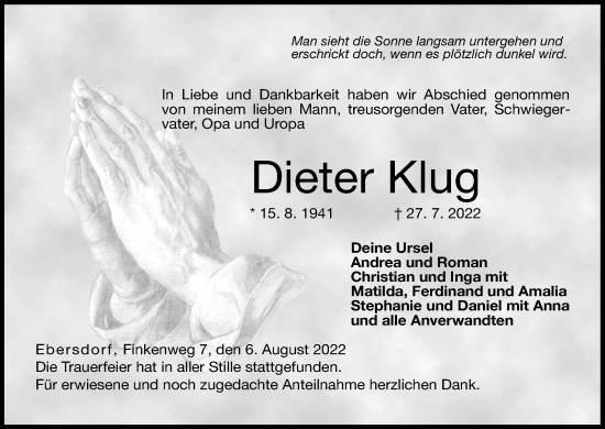 Anzeige von Dieter Klug von MGO