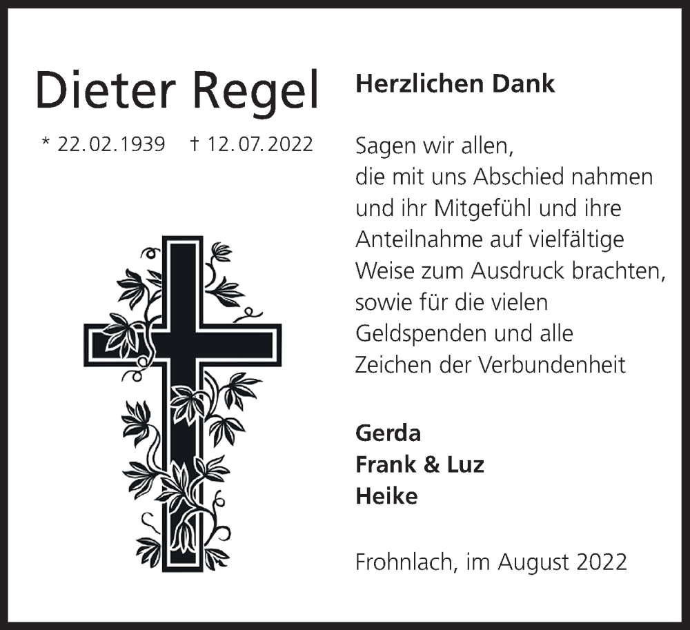  Traueranzeige für Dieter Regel vom 20.08.2022 aus MGO