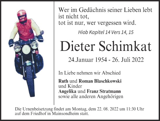 Anzeige von Dieter Schimkat von MGO