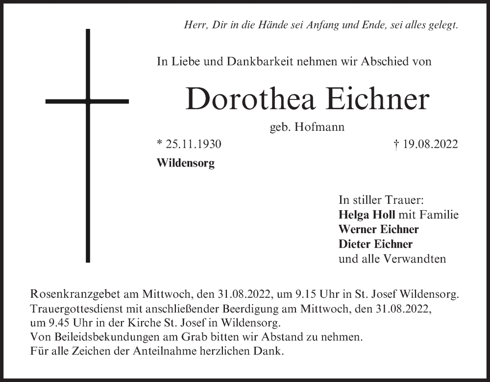  Traueranzeige für Dorothea Eichner vom 27.08.2022 aus MGO