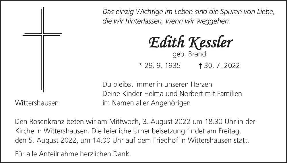  Traueranzeige für Edith Kessler vom 02.08.2022 aus MGO