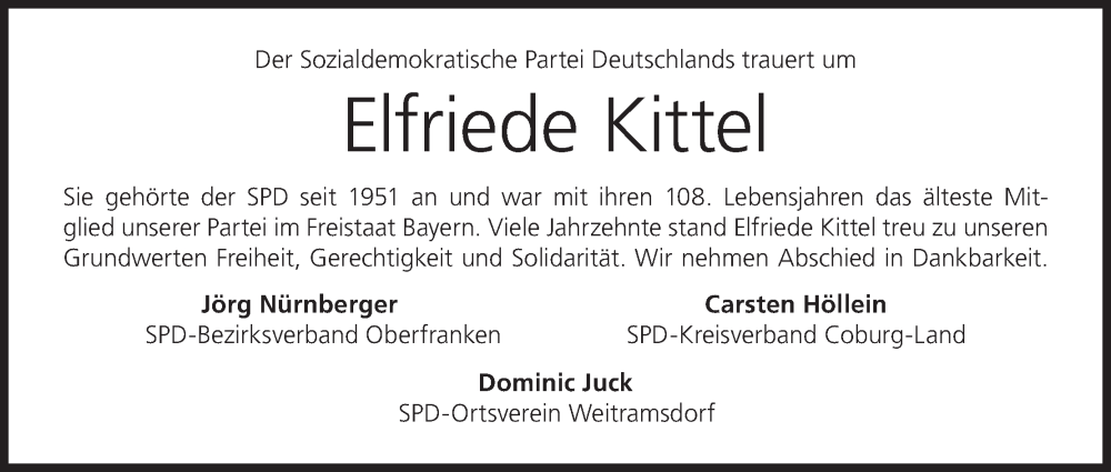  Traueranzeige für Elfriede Kittel vom 27.08.2022 aus MGO