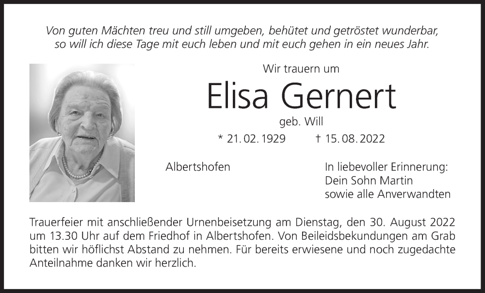  Traueranzeige für Elisa Gernert vom 27.08.2022 aus MGO