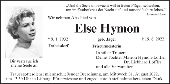 Anzeige von Else Hymon von MGO