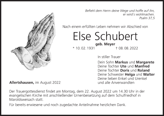 Anzeige von Else Schubert von MGO