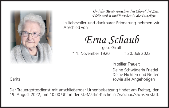 Anzeige von Erna Schaub von MGO