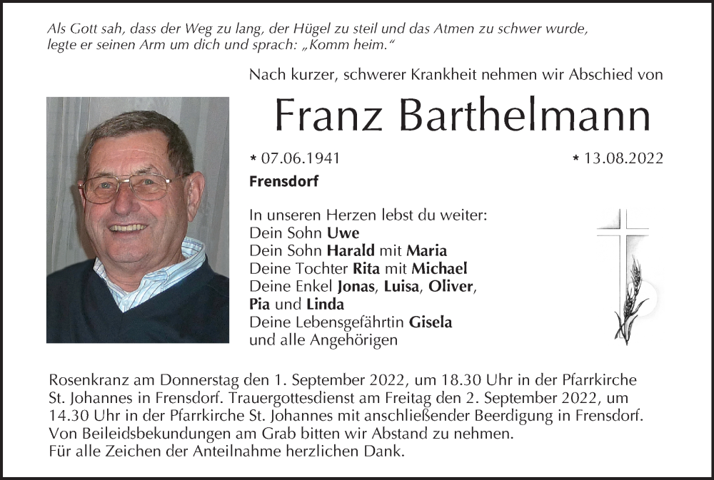  Traueranzeige für Franz Barthelmann vom 27.08.2022 aus MGO