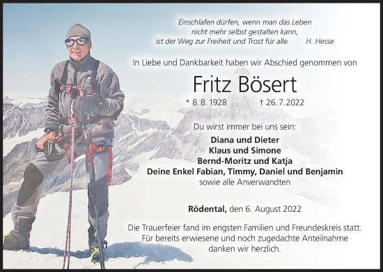 Anzeige von Fritz Bösert von MGO