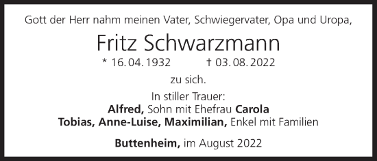 Anzeige von Fritz Schwarzmann von MGO
