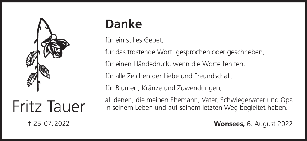  Traueranzeige für Fritz Tauer vom 06.08.2022 aus MGO