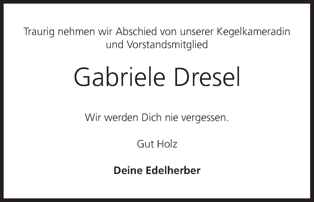  Traueranzeige für Gabriele Dresel vom 04.08.2022 aus MGO