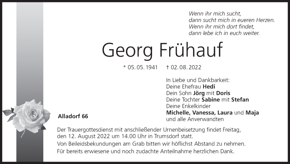  Traueranzeige für Georg Frühauf vom 09.08.2022 aus MGO