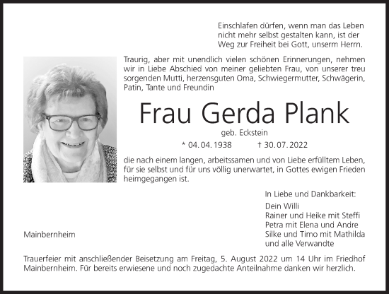 Anzeige von Gerda Plank von MGO