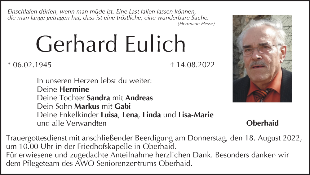  Traueranzeige für Gerhard Eulich vom 17.08.2022 aus MGO