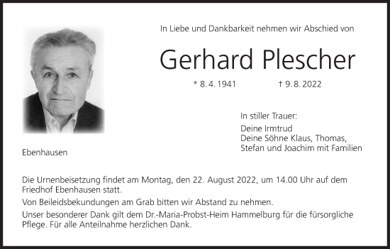 Anzeige von Gerhard Plescher von MGO