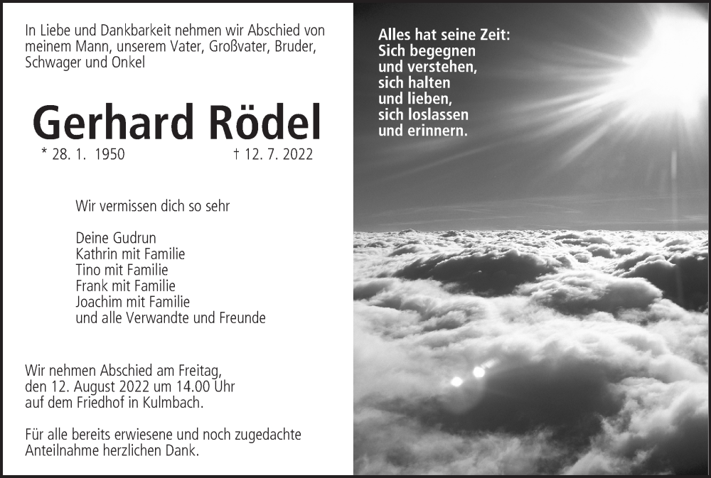  Traueranzeige für Gerhard Rödel vom 06.08.2022 aus MGO