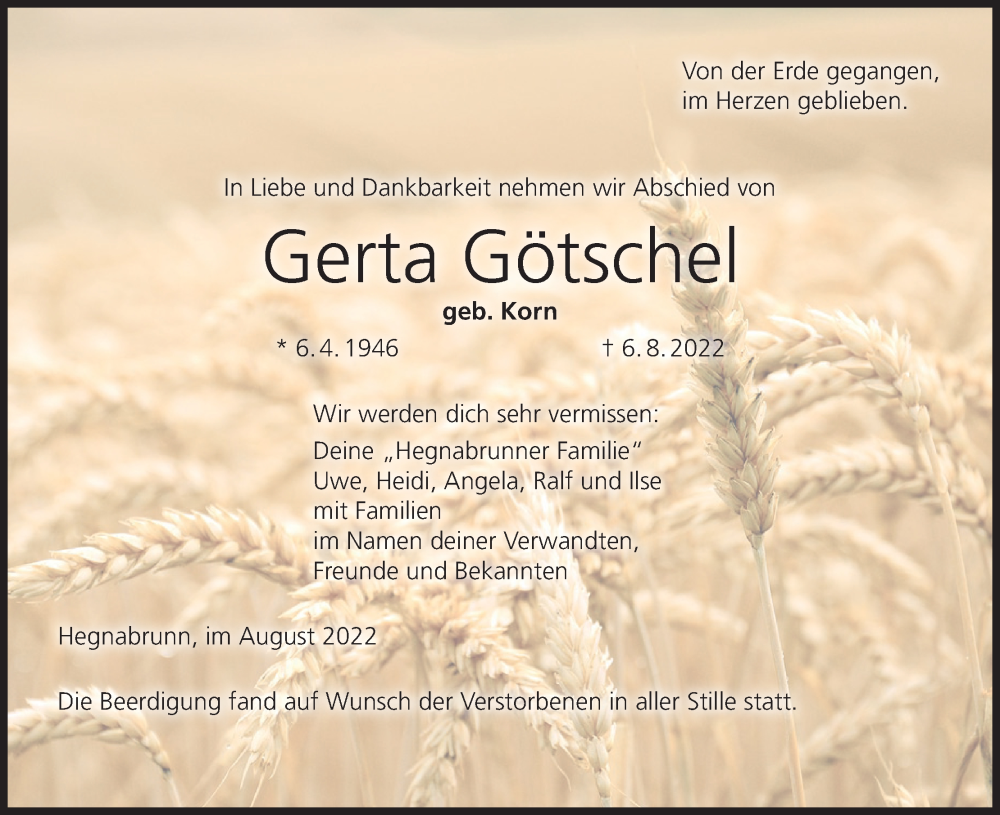  Traueranzeige für Gerta Götschel vom 13.08.2022 aus MGO
