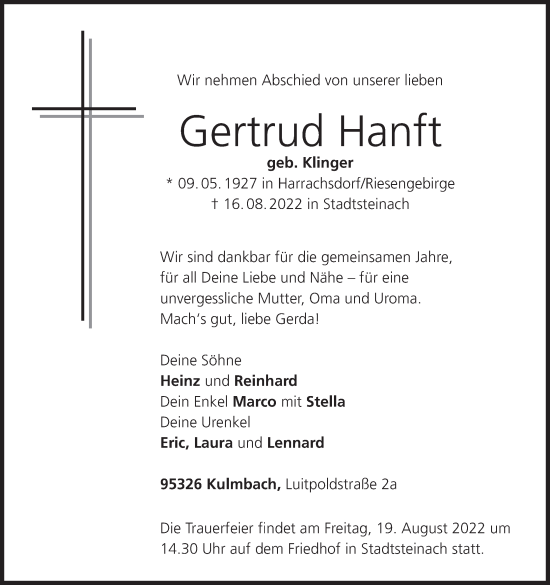 Anzeige von Gertrud Hanft von MGO