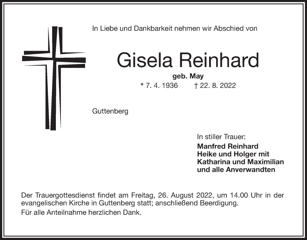  Traueranzeige für Gisela Reinhard vom 24.08.2022 aus MGO