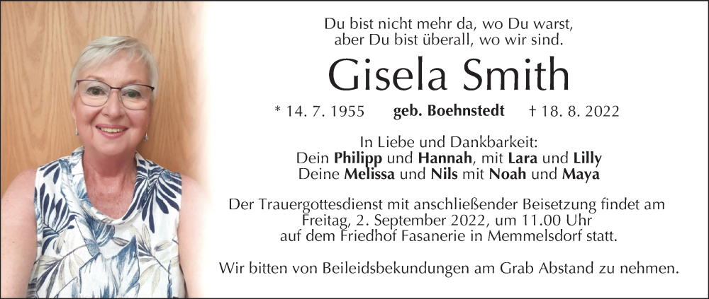  Traueranzeige für Gisela Smith vom 27.08.2022 aus MGO