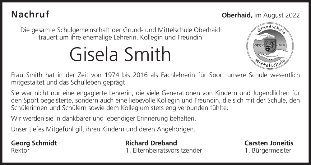  Traueranzeige für Gisela Smith vom 27.08.2022 aus MGO