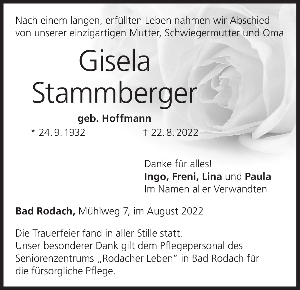  Traueranzeige für Gisela Stammberger vom 27.08.2022 aus MGO