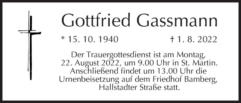  Traueranzeige für Gottfried Gassmann vom 20.08.2022 aus MGO