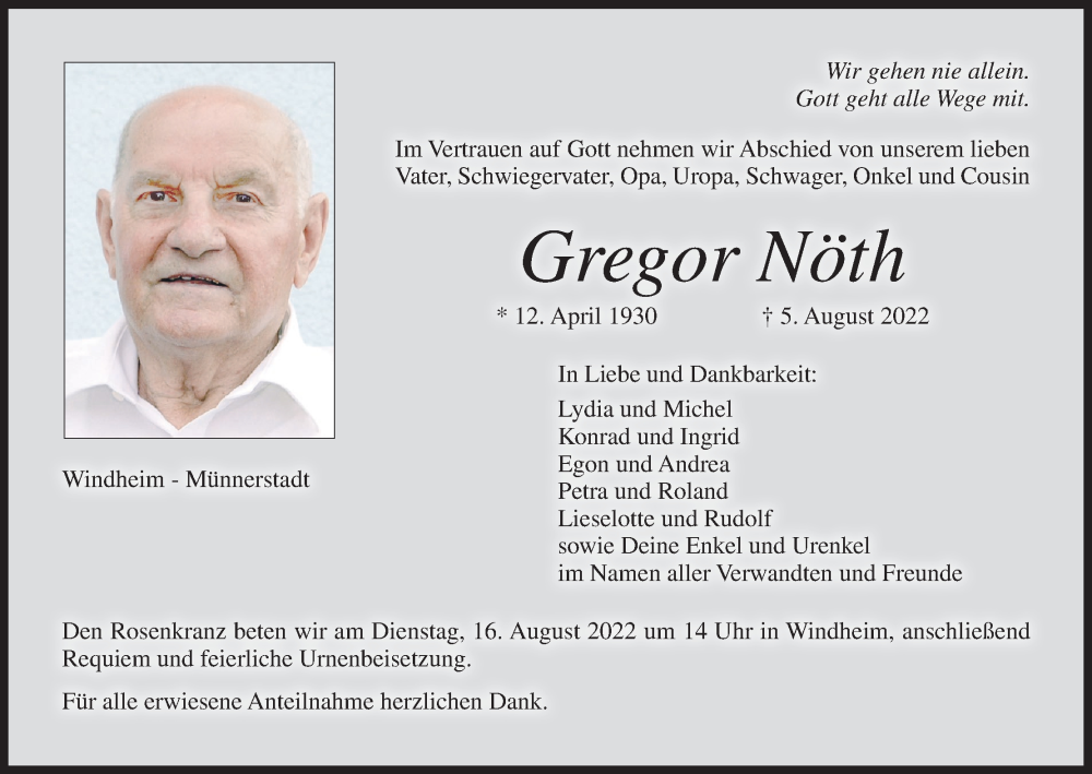  Traueranzeige für Gregor Nöth vom 13.08.2022 aus MGO