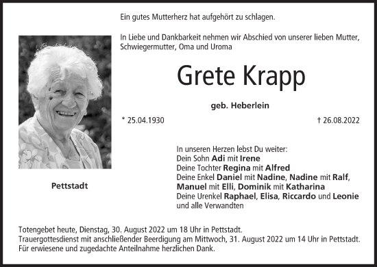 Anzeige von Grete Krapp von MGO
