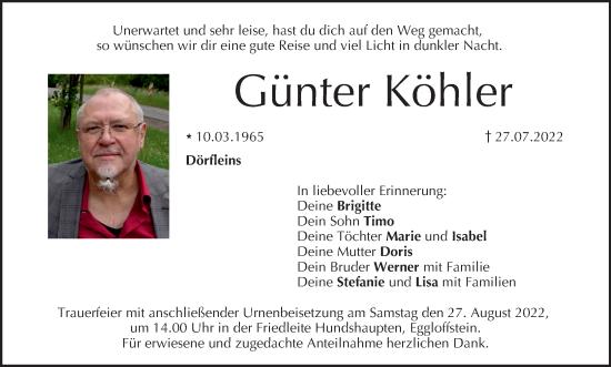 Anzeige von Günter Köhler von MGO