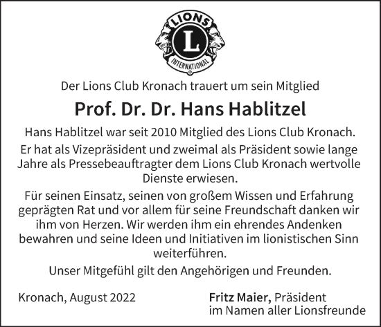 Anzeige von Hans Hablitzel von MGO