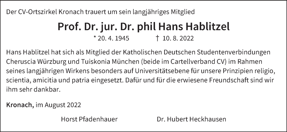  Traueranzeige für Hans Hablitzel vom 17.08.2022 aus MGO