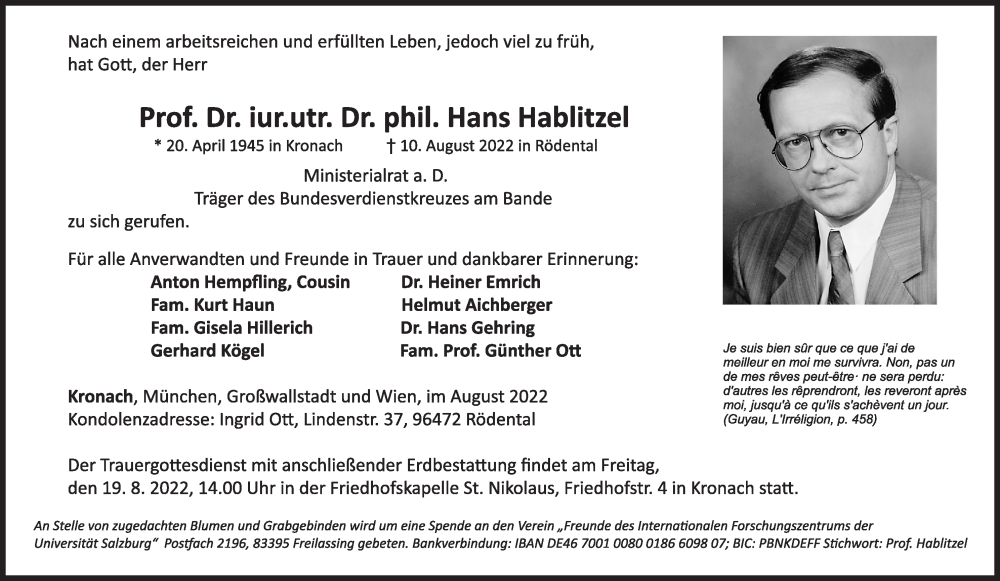  Traueranzeige für Hans Hablitzel vom 17.08.2022 aus MGO