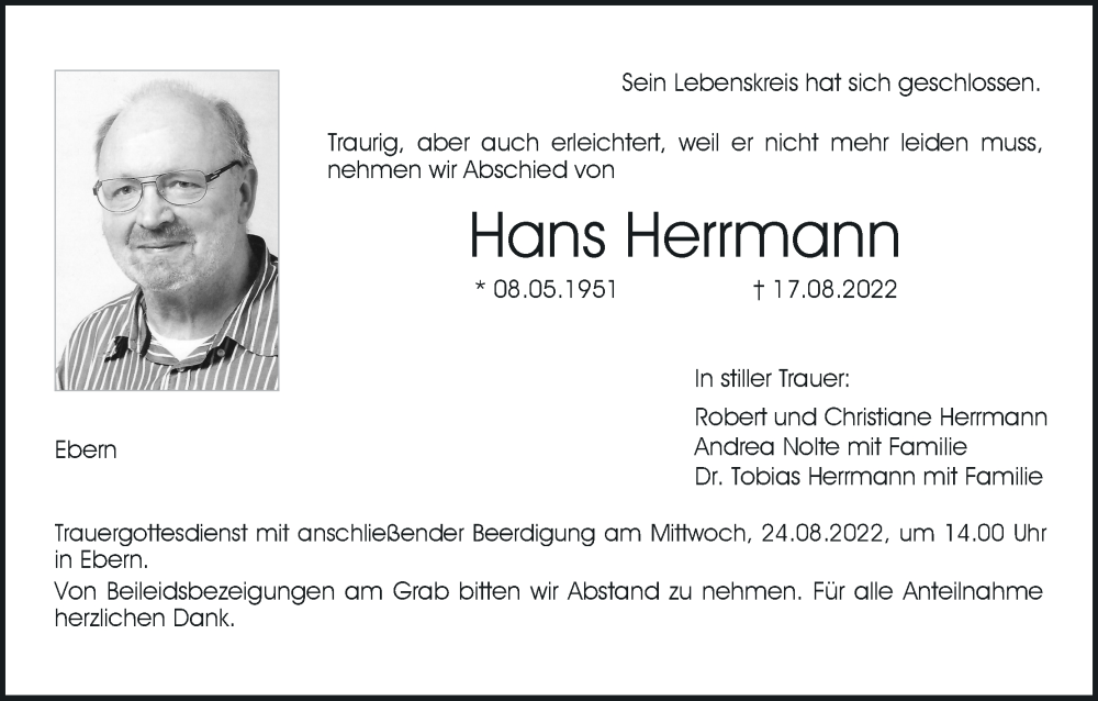 Traueranzeige für Hans Herrmann vom 20.08.2022 aus MGO