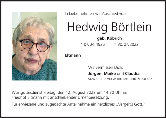 Anzeige von Hedwig Börtlein von MGO