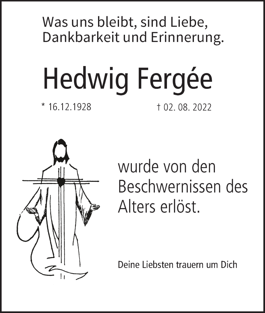  Traueranzeige für Hedwig Fergee vom 06.08.2022 aus MGO