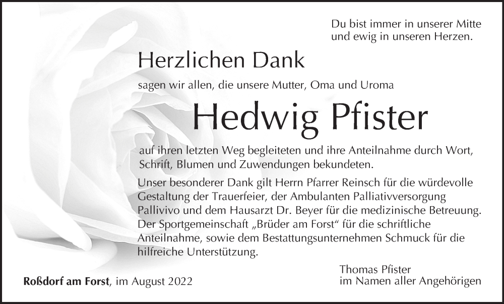  Traueranzeige für Hedwig Pfister vom 06.08.2022 aus MGO