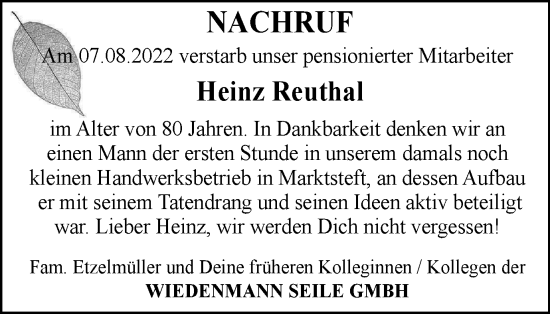Anzeige von Heinz Reuthal von MGO