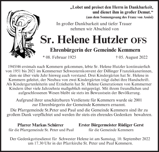 Anzeige von Helene Hutzler von MGO