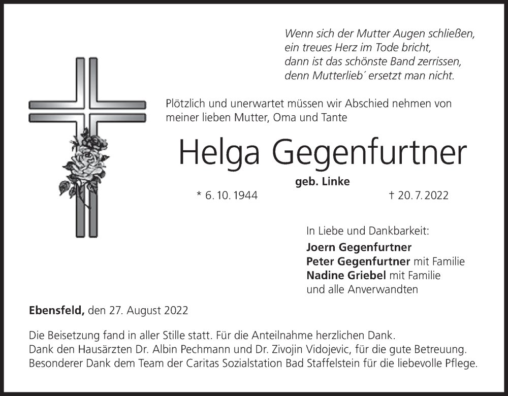  Traueranzeige für Helga Gegenfurtner vom 27.08.2022 aus MGO